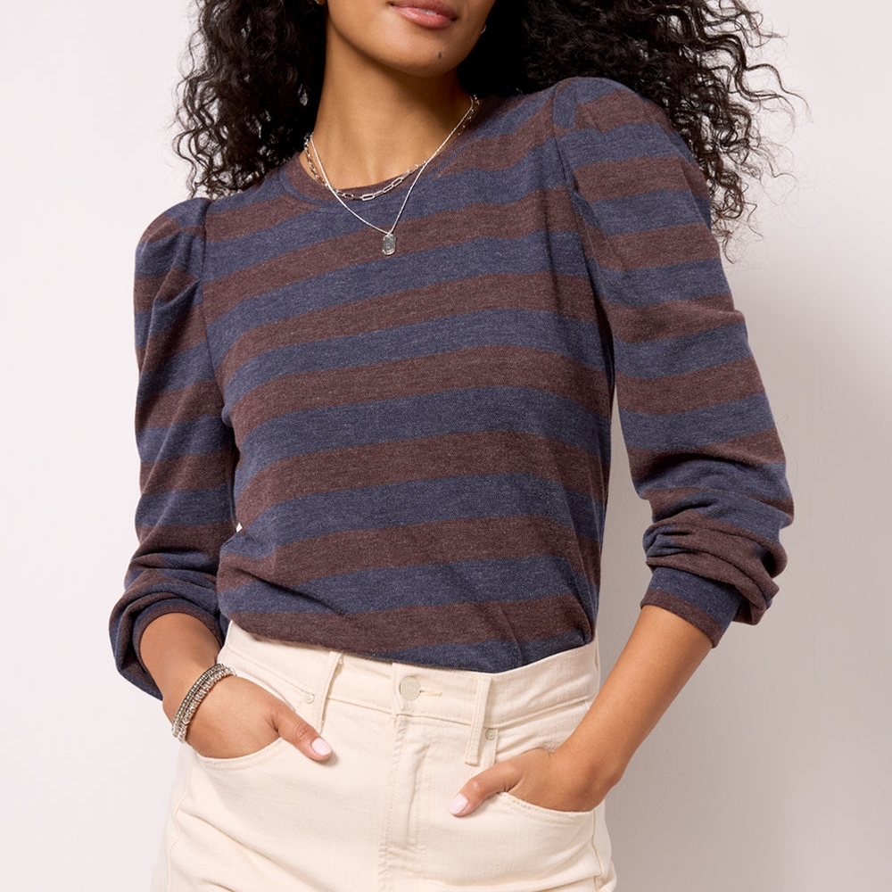Evereve Blue and Brown Striped Puff-Sleeve Crewneck Sweater